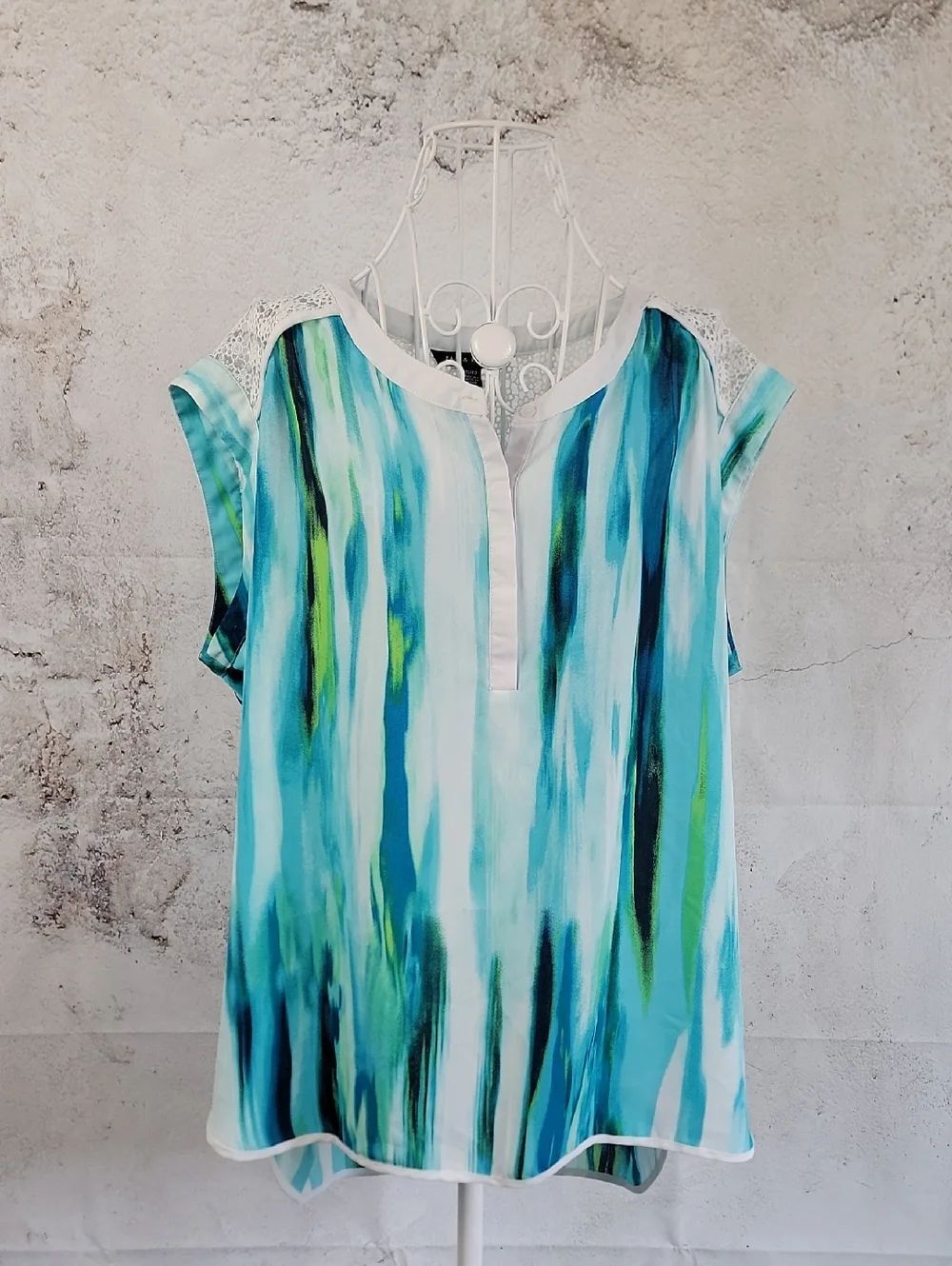 Zac & Rachel Blue & Teal Watercolor Stripe Cap-Sleeve Top Womens Size XL